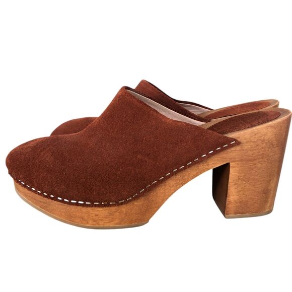 Charlotte Stone Heeled Wooden Truffle Brown Suede Marlo Size 8.5 Boho Clogs $234 - Picture 3 of 8